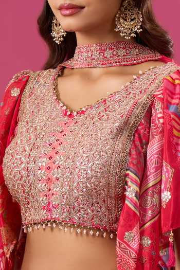 Samyukta Singhania_Pink Silk, Chiffon, Polyester Zari, Printed Lehenga Set With Choker Dupatta _at_Aza_Fashions