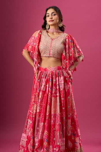 Buy_Samyukta Singhania_Pink Silk, Chiffon, Polyester Zari, Printed Lehenga Set With Choker Dupatta 