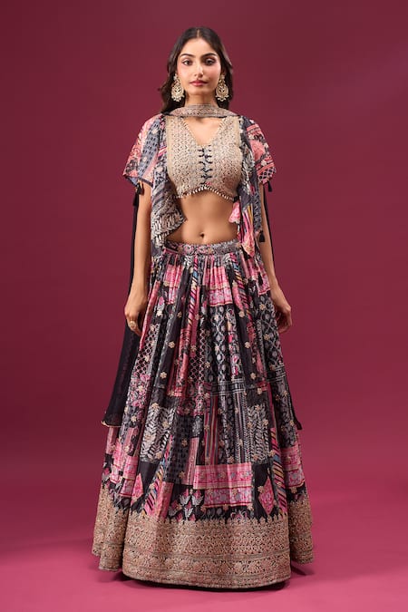 Samyukta Singhania_Black Silk, Chiffon, Polyester Zari V-neck Multi Print Lehenga Set _Online_at_Aza_Fashions