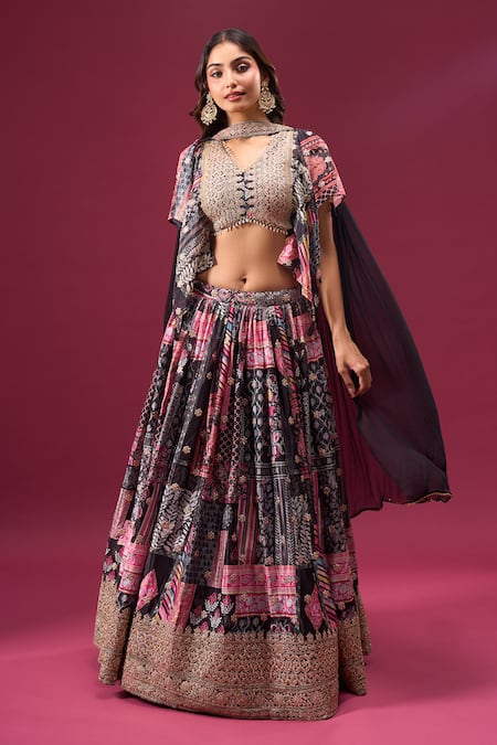 Buy_Samyukta Singhania_Black Silk, Chiffon, Polyester Zari V-neck Multi Print Lehenga Set 
