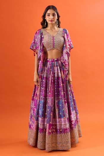 Samyukta Singhania_Purple Silk, Chiffon, Polyester Zari Printed Ruffle Sleeve Blouse Lehenga Set _Online_at_Aza_Fashions