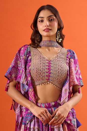 Buy_Samyukta Singhania_Purple Silk, Chiffon, Polyester Zari Printed Ruffle Sleeve Blouse Lehenga Set _Online_at_Aza_Fashions