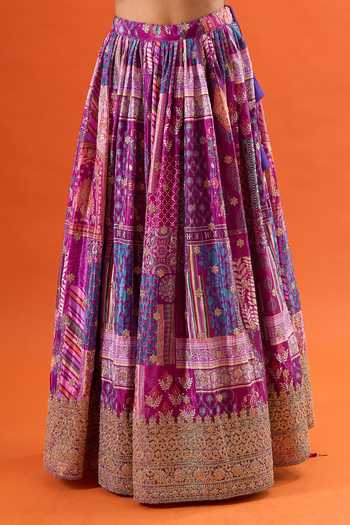 Shop_Samyukta Singhania_Purple Silk, Chiffon, Polyester Zari Printed Ruffle Sleeve Blouse Lehenga Set _Online_at_Aza_Fashions