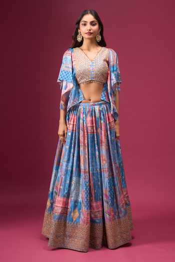 Buy_Samyukta Singhania_Blue Silk, Chiffon, Polyester Zari, Ruffle Sleeve Blouse Printed Lehenga Set _Online_at_Aza_Fashions