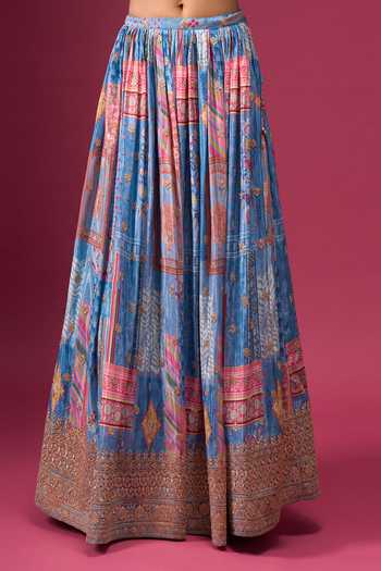 Shop_Samyukta Singhania_Blue Silk, Chiffon, Polyester Zari, Ruffle Sleeve Blouse Printed Lehenga Set _Online_at_Aza_Fashions