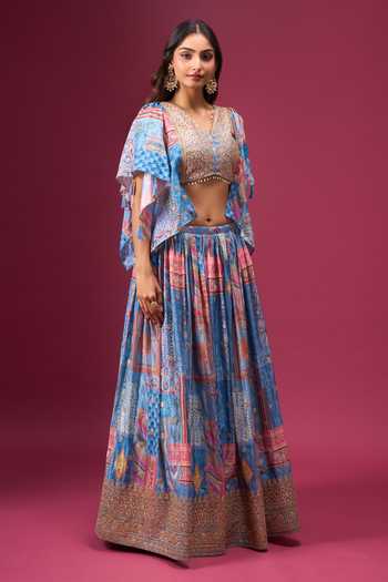 Samyukta Singhania_Blue Silk, Chiffon, Polyester Zari, Ruffle Sleeve Blouse Printed Lehenga Set _at_Aza_Fashions