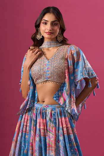 Buy_Samyukta Singhania_Blue Silk, Chiffon, Polyester Zari, Ruffle Sleeve Blouse Printed Lehenga Set 