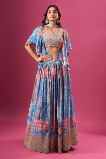 Shop_Samyukta Singhania_Blue Silk, Chiffon, Polyester Zari, Ruffle Sleeve Blouse Printed Lehenga Set 