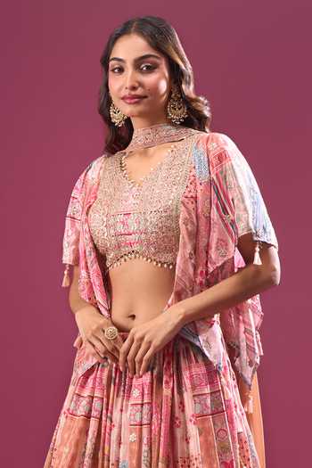 Samyukta Singhania Beige Silk, Chiffon Zari, Tassels V-neck Printed Lehenga Set With Choker Dupatta Online at Aza Fashions Samyukta Singhania_Beige Silk, Chiffon Zari, Tassels V-neck Printed Lehenga Set With Choker Dupatta _Online_at_Aza_Fashions