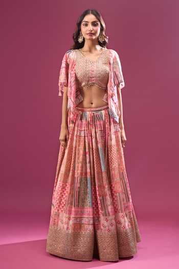 Buy Samyukta Singhania Beige Silk, Chiffon Zari, Tassels V-neck Printed Lehenga Set With Choker Dupatta Online at Aza Fashions Buy_Samyukta Singhania_Beige Silk, Chiffon Zari, Tassels V-neck Printed Lehenga Set With Choker Dupatta _Online_at_Aza_Fashions