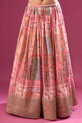 Shop Samyukta Singhania Beige Silk, Chiffon Zari, Tassels V-neck Printed Lehenga Set With Choker Dupatta Online at Aza Fashions Shop_Samyukta Singhania_Beige Silk, Chiffon Zari, Tassels V-neck Printed Lehenga Set With Choker Dupatta _Online_at_Aza_Fashions