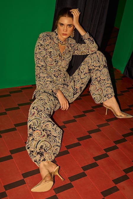 Buy_Evra By Nikita_Black Georgette Embroidery Threadwork Blazer And Pant Set _Online_at_Aza_Fashions