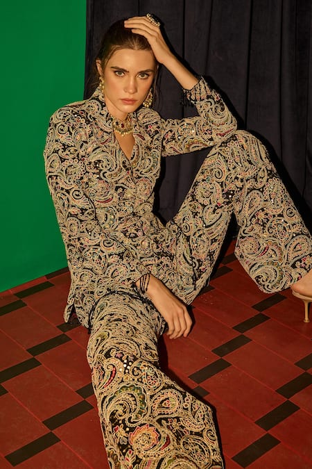 Shop_Evra By Nikita_Black Georgette Embroidery Threadwork Blazer And Pant Set _Online_at_Aza_Fashions