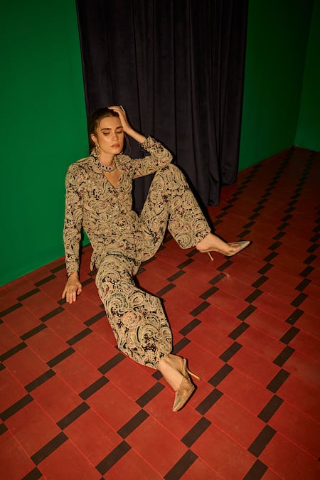 Evra By Nikita_Black Georgette Embroidery Threadwork Blazer And Pant Set _at_Aza_Fashions