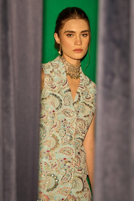 Evra By Nikita_Blue Georgette Embroidery V-neck Threadwork Jacket And Pant Set _at_Aza_Fashions