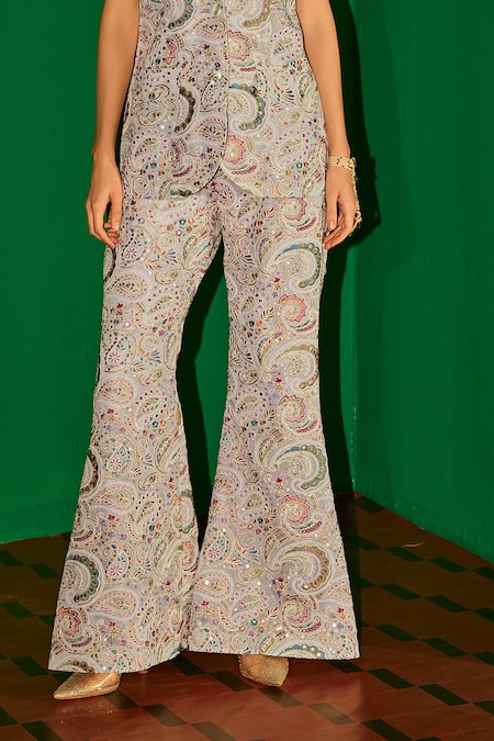 Buy_Evra By Nikita_Grey Georgette Embroidery V-neck Threadwork Jacket And Palazzo Set _Online_at_Aza_Fashions