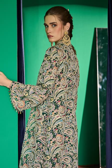 Shop_Evra By Nikita_Green Georgette Embroidery Square Neck Threadwork Jacket Set _Online_at_Aza_Fashions