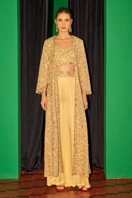 Evra By Nikita Threadwork Embroidered Jacket Palazzo Set 