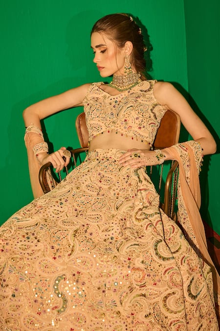 Shop_Evra By Nikita_Peach Georgette Embroidery V-neck Lehenga Set _Online_at_Aza_Fashions