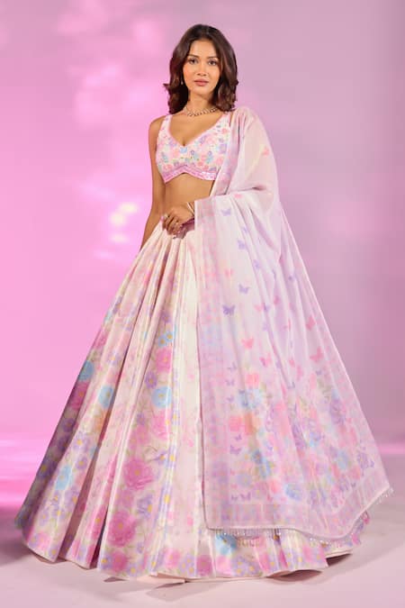 Label Priyanka Kar Flower Print Blush Pink Lehenga Set 