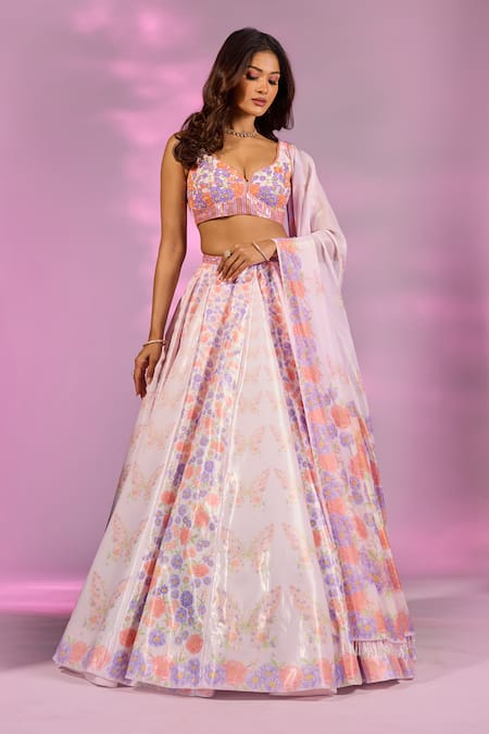 Label Priyanka Kar Floral Butterfly Print Panelled Lehenga Set 