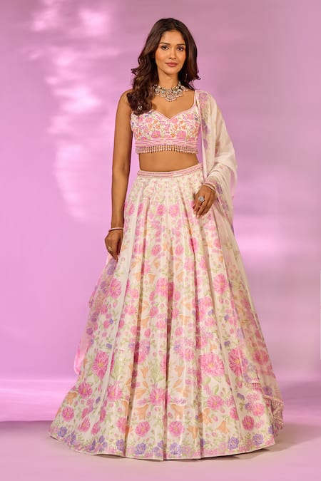 Buy_Label Priyanka Kar_Pink Satin Crystals, Tassels Sweetheart Neck Floret Print Lehenga Set _Online_at_Aza_Fashions