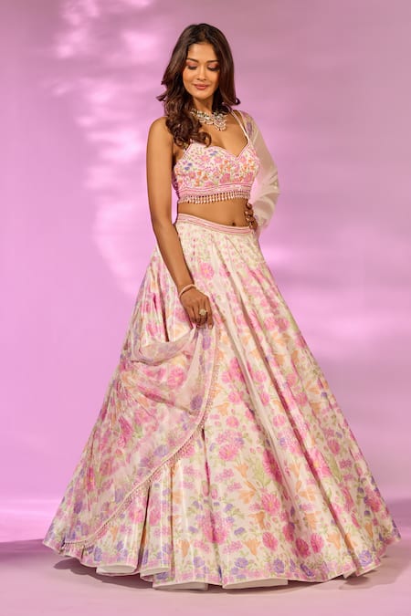 Shop_Label Priyanka Kar_Pink Satin Crystals, Tassels Sweetheart Neck Floret Print Lehenga Set _Online_at_Aza_Fashions
