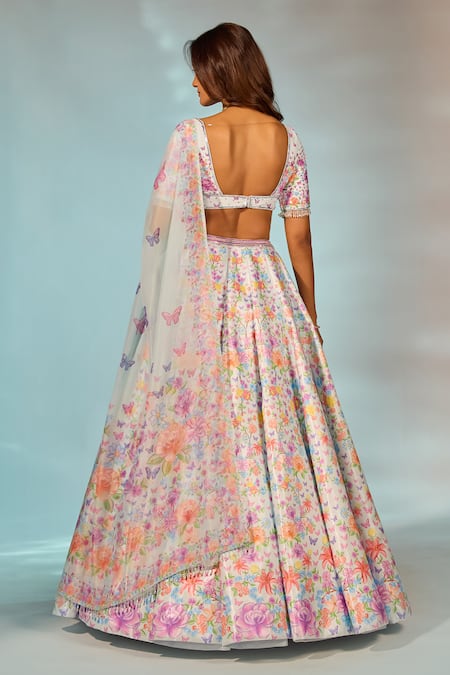 Label Priyanka Kar Flower Print Sky Blue Lehenga Set 