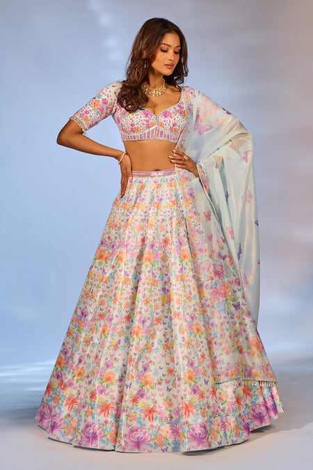 Label Priyanka Kar Flower Print Sky Blue Lehenga Set 