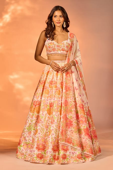 Label Priyanka Kar Flower Print Orange Lehenga Set 