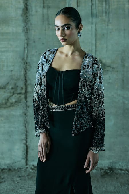 Istya Black Organza, Lycra Cut Work, Sequins Open Neck, Embellished Cutwork Jacket Set Online at Aza Fashions Istya_Black Organza, Lycra Cut Work, Sequins Open Neck, Embellished Cutwork Jacket Set _Online_at_Aza_Fashions