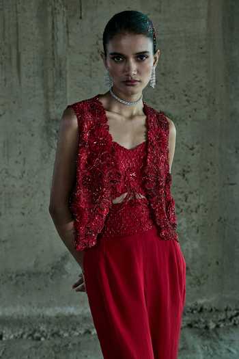 Istya_Red Organza Embroidery Open , Sweetheart 3d Hand Jacket Set _Online_at_Aza_Fashions