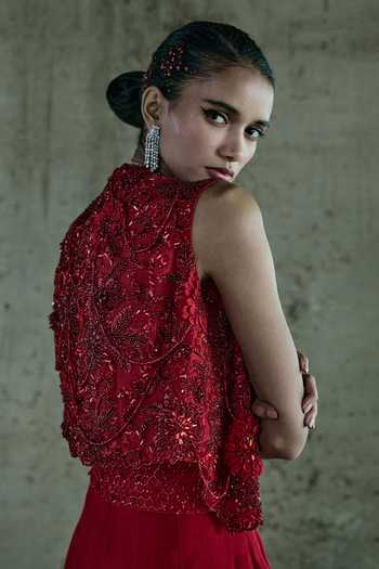 Buy_Istya_Red Organza Embroidery Open , Sweetheart 3d Hand Jacket Set _Online_at_Aza_Fashions