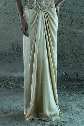 Istya_Beige Organza, Satin Embroidery, Sequins, Beads Hand Embellished Top And Skirt Set _Online_at_Aza_Fashions