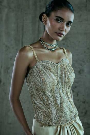 Buy_Istya_Beige Organza, Satin Embroidery, Sequins, Beads Hand Embellished Top And Skirt Set _Online_at_Aza_Fashions