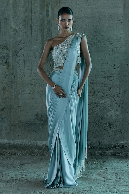 Istya Stone Hand Embroidered Bustier With Pre-Draped Saree 