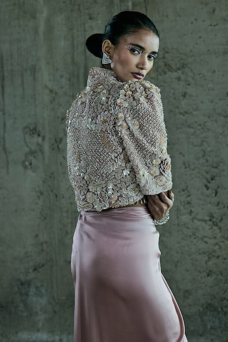 Istya_Rose Gold Organza, Satin Embroidery, Sequins, Beads, Jacket Draped Skirt Set _Online_at_Aza_Fashions