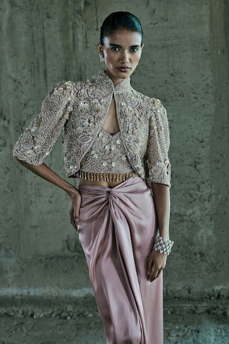 Buy_Istya_Rose Gold Organza, Satin Embroidery, Sequins, Beads, Jacket Draped Skirt Set _Online_at_Aza_Fashions