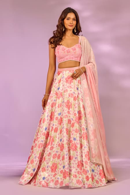Label Priyanka Kar Floral Print Cherry Lehenga Set 
