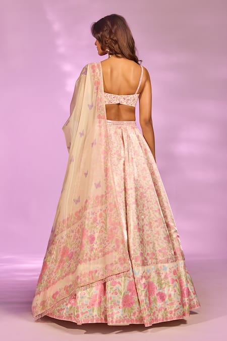 Label Priyanka Kar Floral Print Cream Lehenga Set 