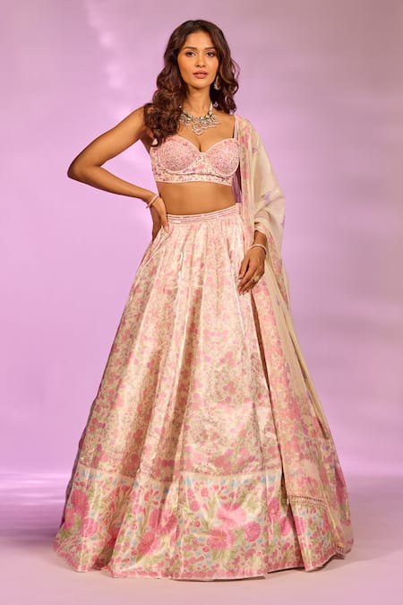 Label Priyanka Kar Floral Print Cream Lehenga Set 