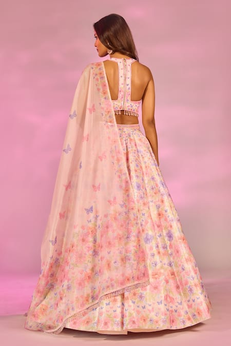 Label Priyanka Kar Flower Print Peach Lehenga Set 