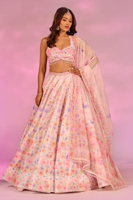 Label Priyanka Kar Flower Print Peach Lehenga Set 