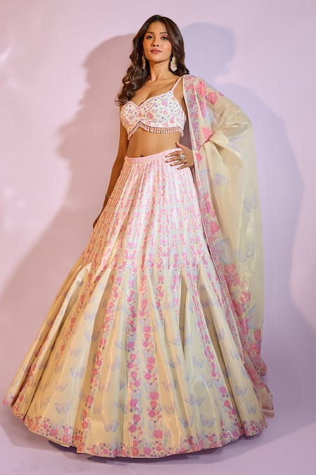 Label Priyanka Kar_Yellow Satin Crystals Sweetheart Neck Flower Print Flared Lehenga Set _Online_at_Aza_Fashions