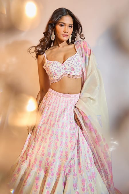 Label Priyanka Kar_Yellow Satin Crystals Sweetheart Neck Flower Print Flared Lehenga Set _at_Aza_Fashions