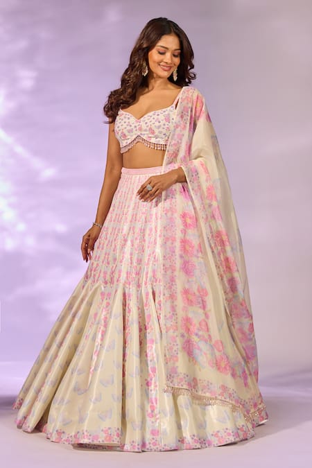 Buy_Label Priyanka Kar_Yellow Satin Crystals Sweetheart Neck Flower Print Flared Lehenga Set 