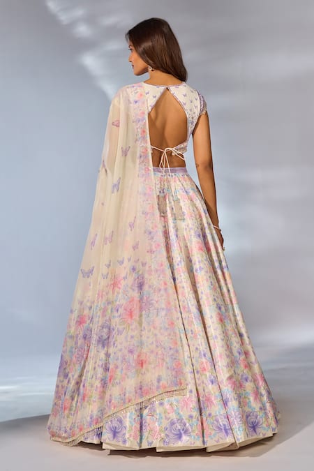 Label Priyanka Kar Flower Print Ivory Lehenga Set 