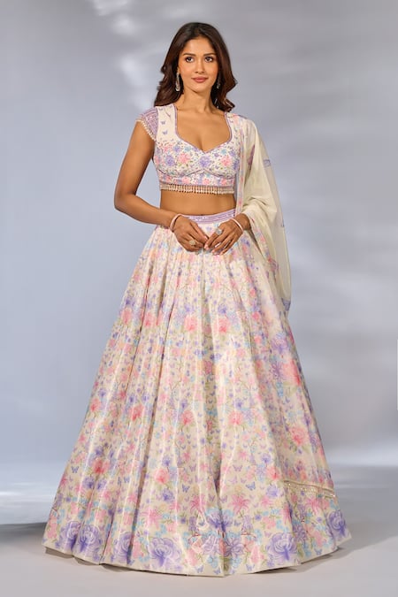Label Priyanka Kar Flower Print Ivory Lehenga Set 
