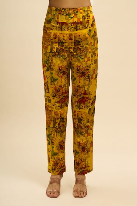 Buy_Anamika Khanna_Yellow Round Neck, Yes Mustard Printed Kurta Set _Online_at_Aza_Fashions