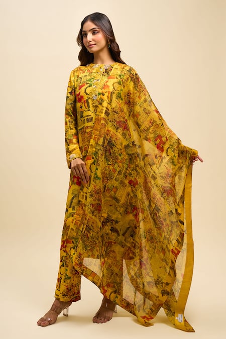 Shop_Anamika Khanna_Yellow Round Neck, Yes Mustard Printed Kurta Set _Online_at_Aza_Fashions
